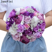 JaneVini шикарное искусственное фиолетовое розовое свадебное Букеты для невесты Букет невесты хрустальные пышные цветы свадебные аксессуары
