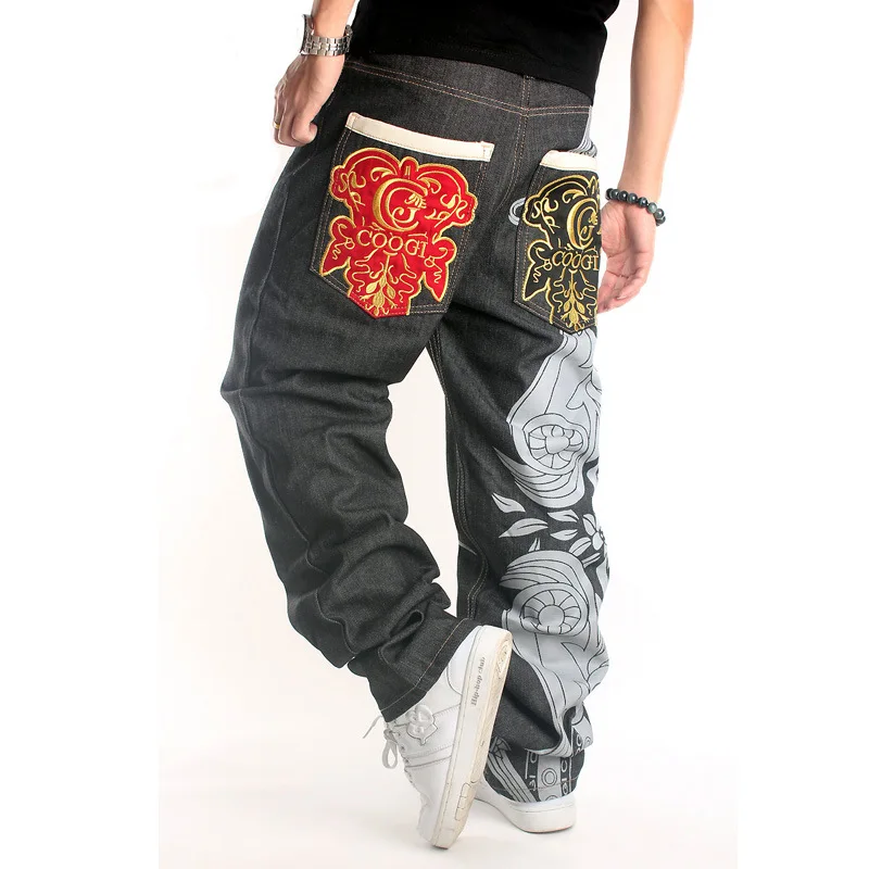 2019 Для мужчин прямые брюки хип-хоп джинсы улица хип-хоп танец граффити печати вышитые свободные скейт брюки