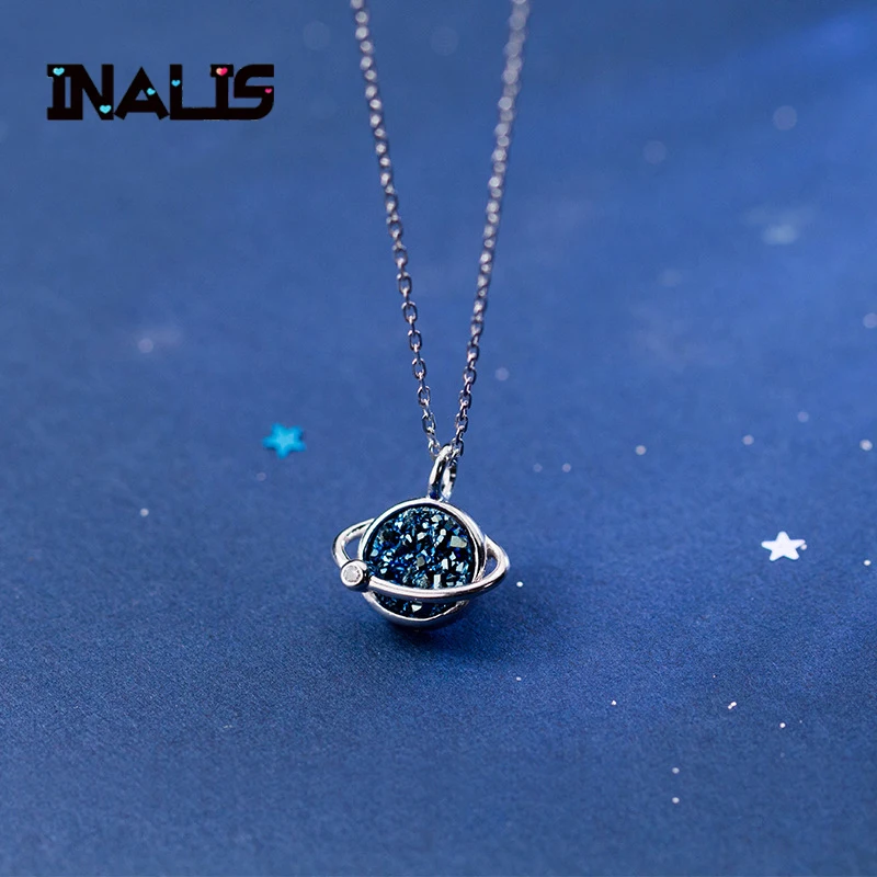 

INALIS New Unique S925 Sterling Silver Necklace with Chian Blue Crystal Stone Plantet Round Ball Pendant for Women Party Collar