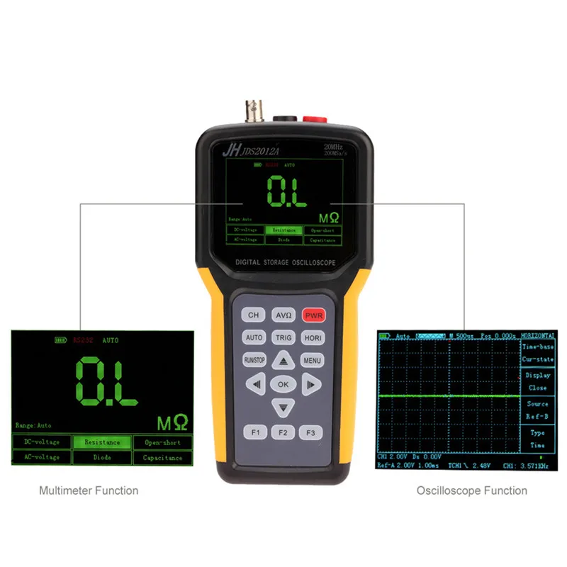 

Jinhan JDS2012A Digital oscilloscope Multimeter 200MSa/s 1 channel 2k record length 20MHz oscilloscope kit handheld oscilloscope