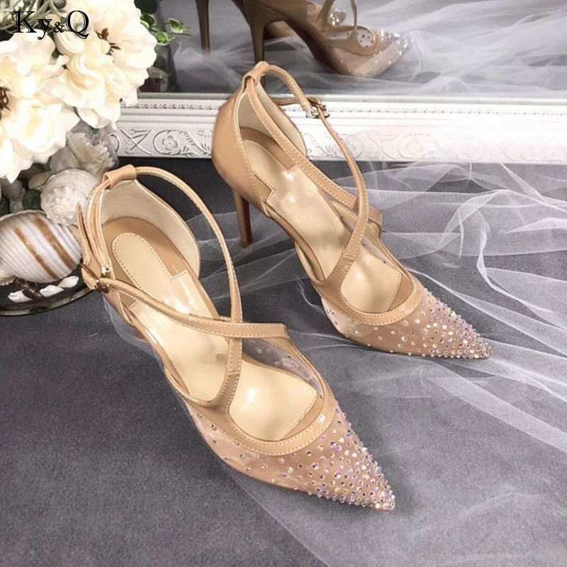 

Summer New 2019 Ladies Fashion Pointed Comfortable Rhinestones With Mesh Fine Cross High Heel Casual Straps Wild Sandals 10CM
