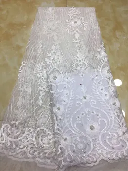 

African lace fabric US royal blue african voile french lace fabric with beads Sequins 5 yards per lot wedding dress lace white