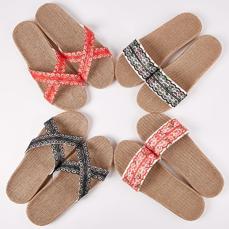 

Suihyung Lace Belt Flax Slippers Women Indoor Shoes 2019 New Casual Beach Flip Flops Flowers Slides Woman Linen Slippers Sandals