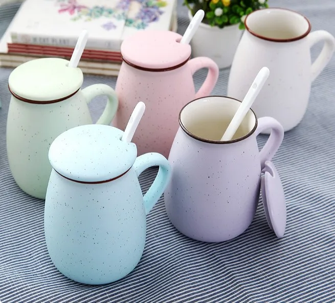cheap 1PC Korean Originality Simple Pure Ceramic Coffee Milk Cup Starry Retro Mugs With Cover And Spoon LF 090