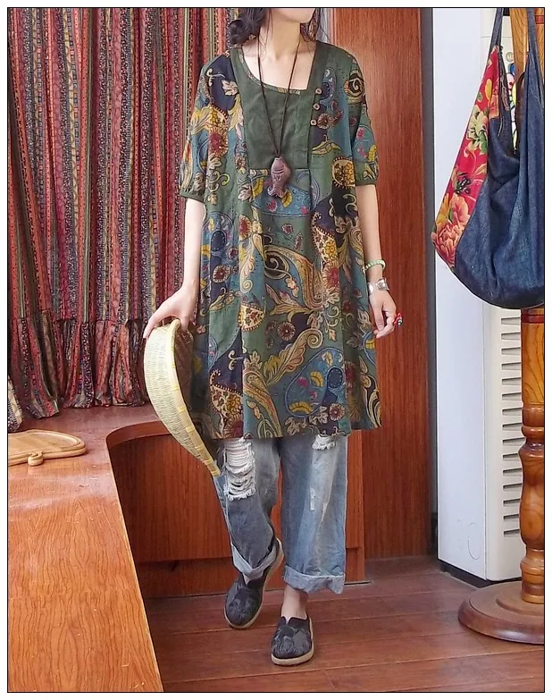 

2019 Women Clothing Original Design of Retro Pattern Irregular Loose Linen Blouses Collar Hit Color Art D658