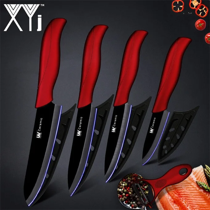 XYj кухонный нож, керамический нож, инструменты для приготовления пищи, набор столовых приборов " 4" " 6" дюймов+ керамический нож для очистки овощей, нож для нарезки шеф-повара - Цвет: Red H Black Blade