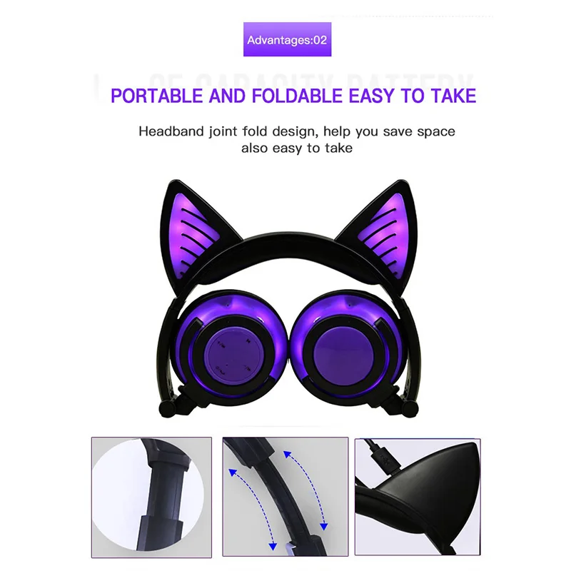 Teamyo Bluetooth Headphones Cat Ear Wireless Earphone microphone Flashing Glowing Headset With LED Light For PC Laptop Adult Kid