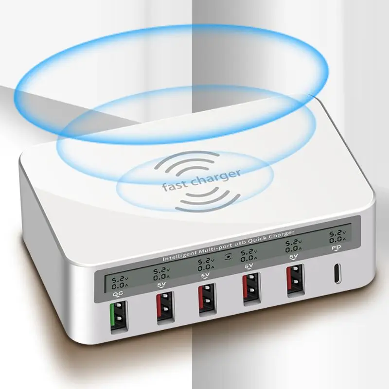 

Universal 5 USB Ports QC 3.0 Type C PD Fast Charger Station USB Charger Hub with Qi Wireless Charger for iPhone Samsung Xiaomi