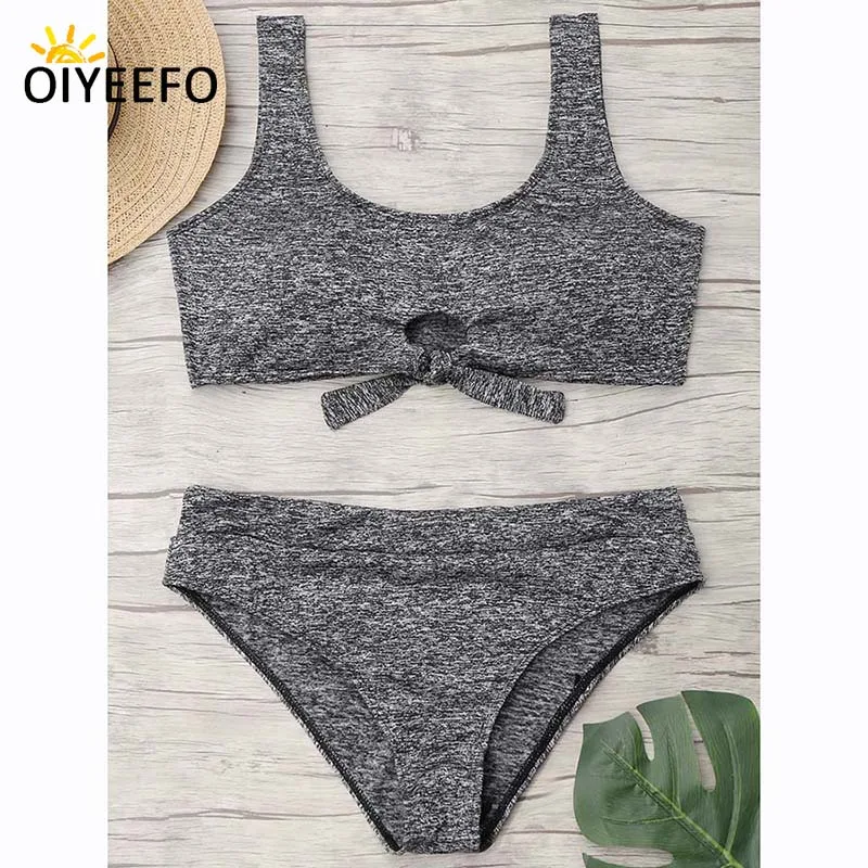 Oiyeefo Sports Bikini Vest Tank Top Bathing Suits Women Knot Swimwear Female Gray Plavky Women's