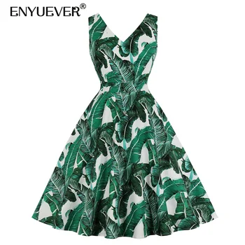 

Enyuever Vintage Dress Women Summer Casual Cotton Sleeveless Retro Robe Pin Up Swing Leaf Print 50s Rockabilly Dress Vestidos