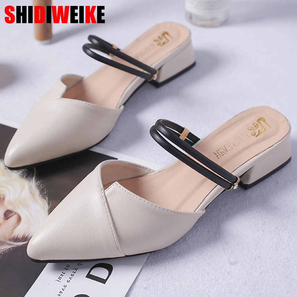 Tanie Party Chic kobiety muły pantofel szpiczasty nosek pasek blokowy zamknięte płytkie buty na obcasie buty sandały czarne beżowe kwadratowe czółenka