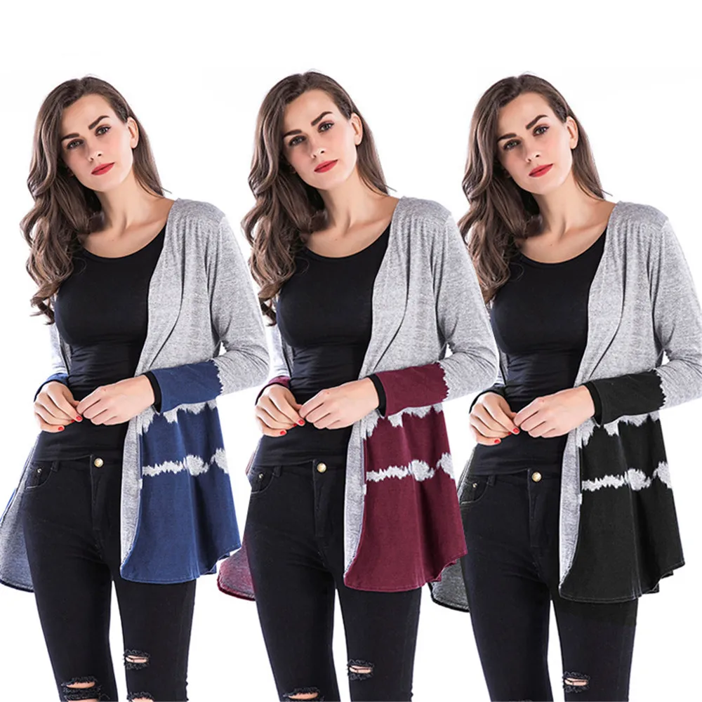 

2018 Autumn Mid-length Knit Cardigan Women's Gradient Color collarless Casual Jacket Outerwear Coat