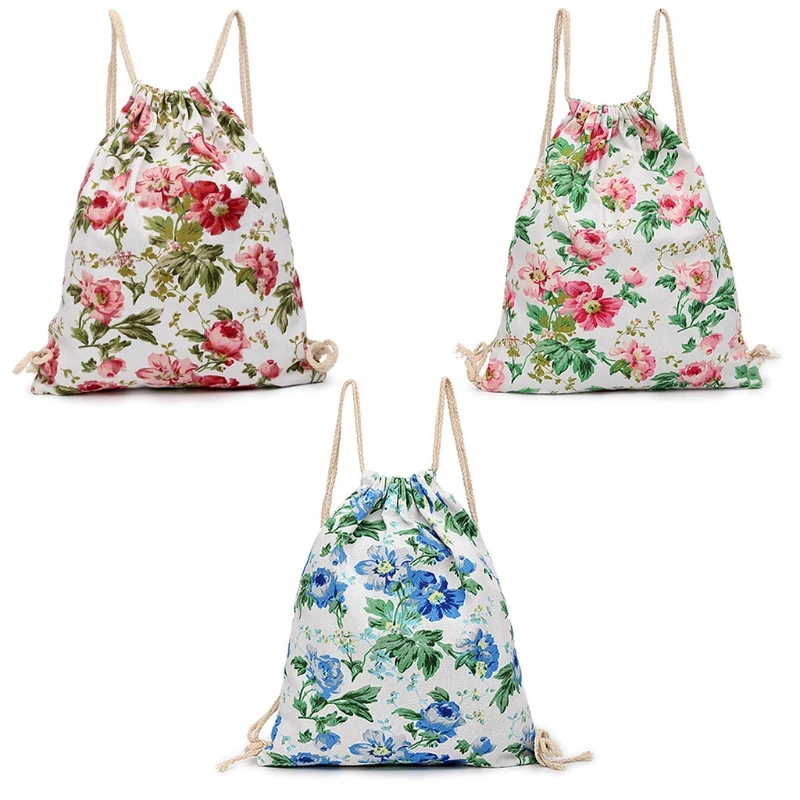 

Flower Print Drawstring Canvas Bag School Travel Adults Kids Sports Backpack