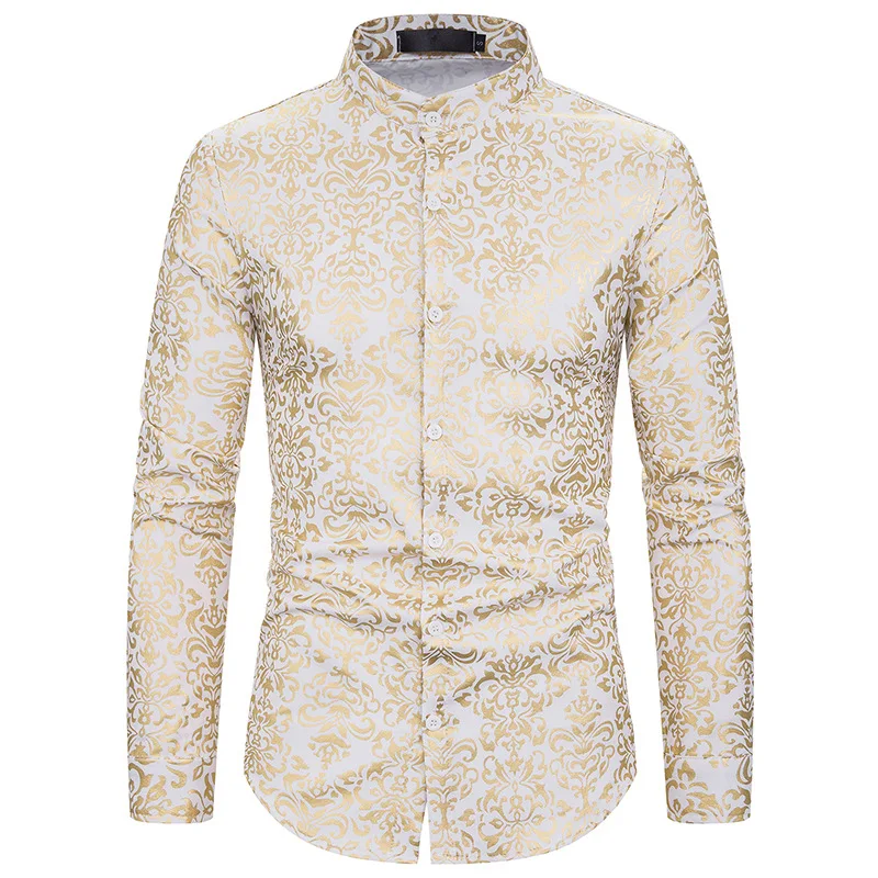 Shiny Gold Floral Print Mens Shirts Casual Slim Fit Long Sleeve Mandarin Collar Shirt Men Club Party Bronzing White Shirt Camisa