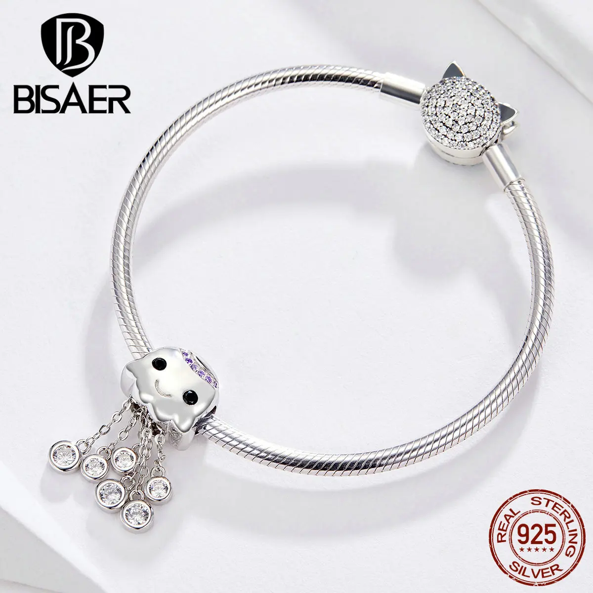 Bisaer,, Стерлинговое Серебро, 925, милые осьминог, Детские амулеты, циркон, кисточка, подходят для Панов, браслеты и ожерелья, сделай сам, аксессуары HVC081