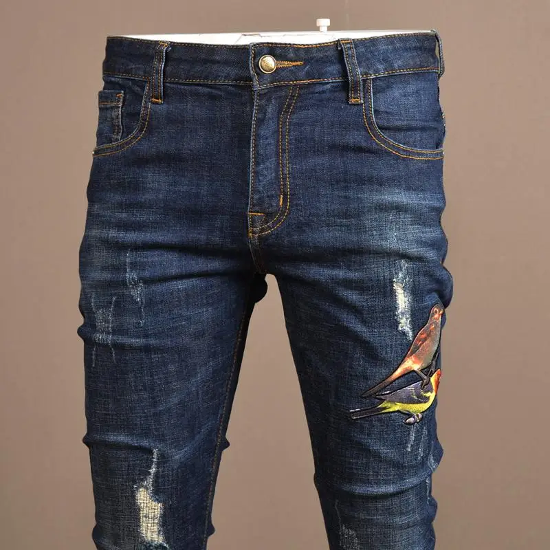 Fashion Mens Hole Ripped Jeans Animal Printing Casual Pants Stretch Slim Denim Pants Men Spring Fall Patchwork Trousers Male