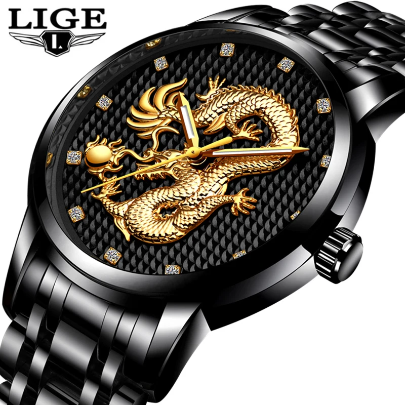Acheter LIGE Hommes Montres Top Marque De Luxe Montre À Quartz Hommes Décontracté Etanche Or Dragon En Acier Sport Montre Bracelet Relogio Masculino