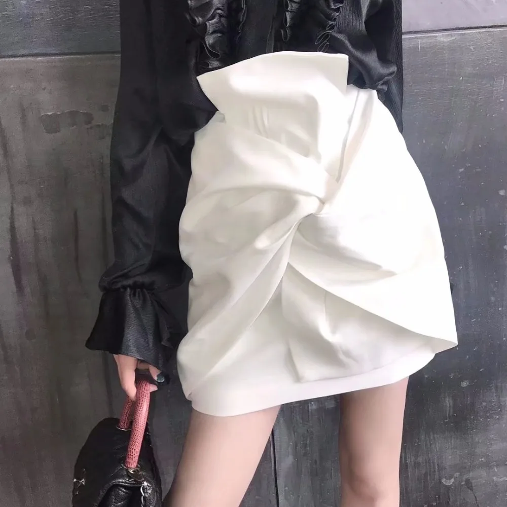 SS2018 весенний шикарный женский уличный стиль белый скрещенный бант джакузи драпированный обтягивающий юбка