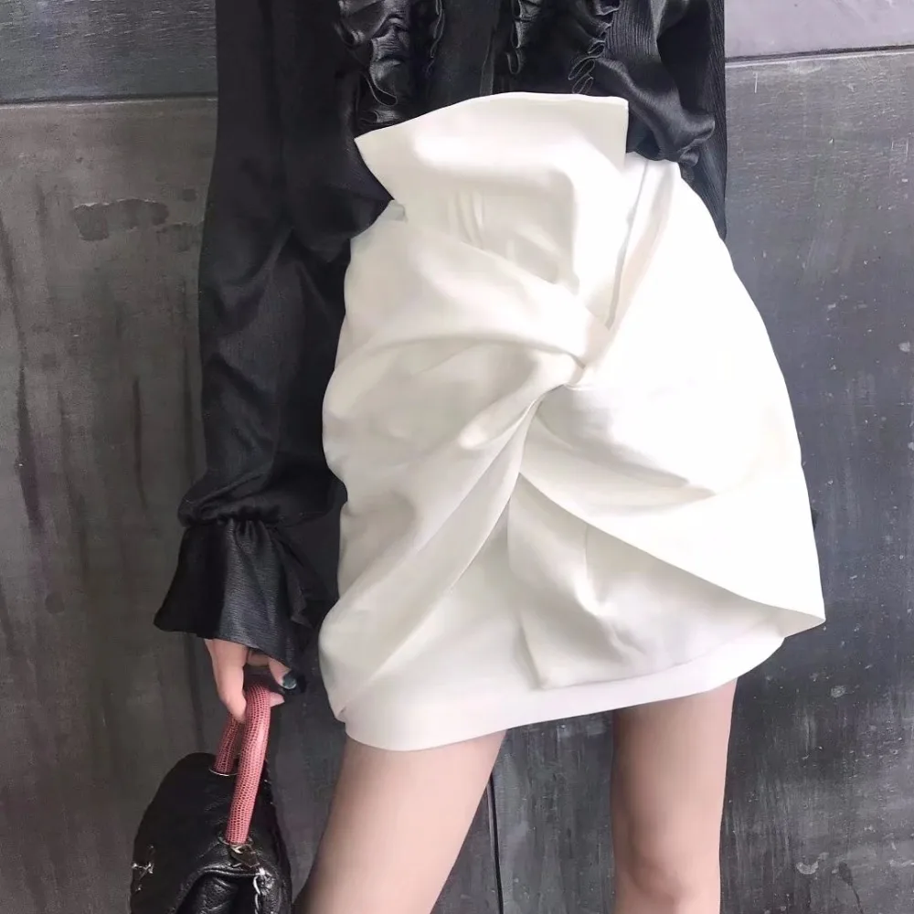 

SS2018 Spring Chic Women Street Style White Crossed Bow whirlpool Draped Bodycon skirt