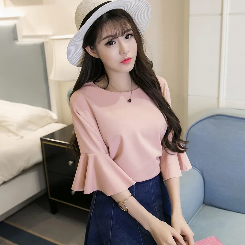 Fashion Flare Sleeve Chiffon Shirt Korean Pure Color Plus Size Shirts O-neck Short Blusas Summer Women's Tops and Blouses |