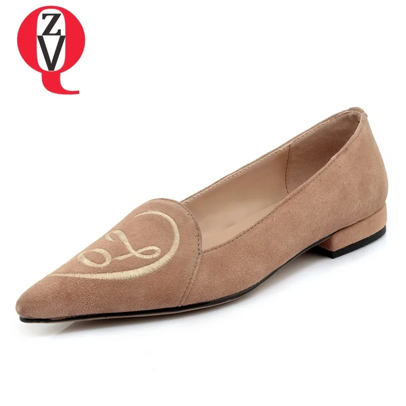 

ZVQ shoes woman spring new concise casual kid suede slip-on woman flats outside comfortable pointed toe embroider ladies shoes