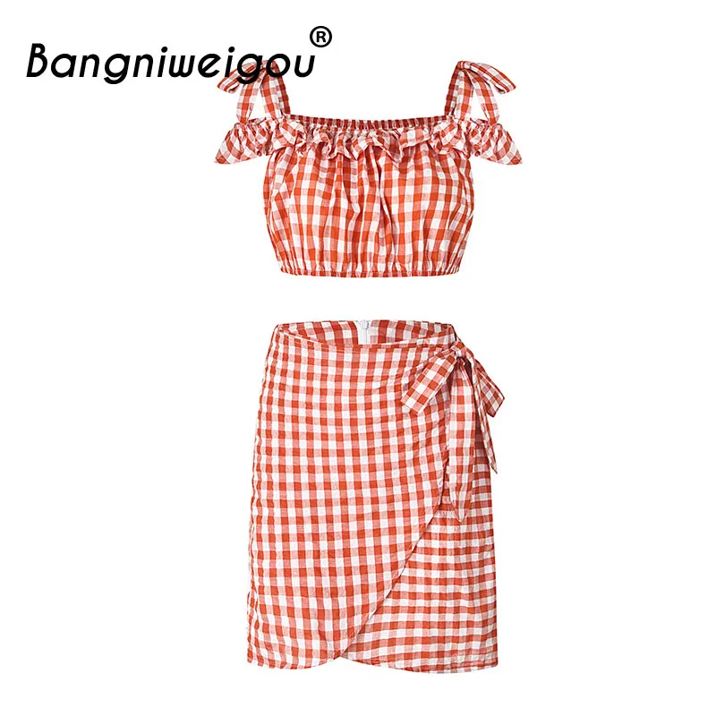 

Bangniweigou Gingham Tops Dress Set Women Square Neck Spaghetti Strap Top Zip Up Bow Dress Plaid Two Pieces Crop Top Dress Sets