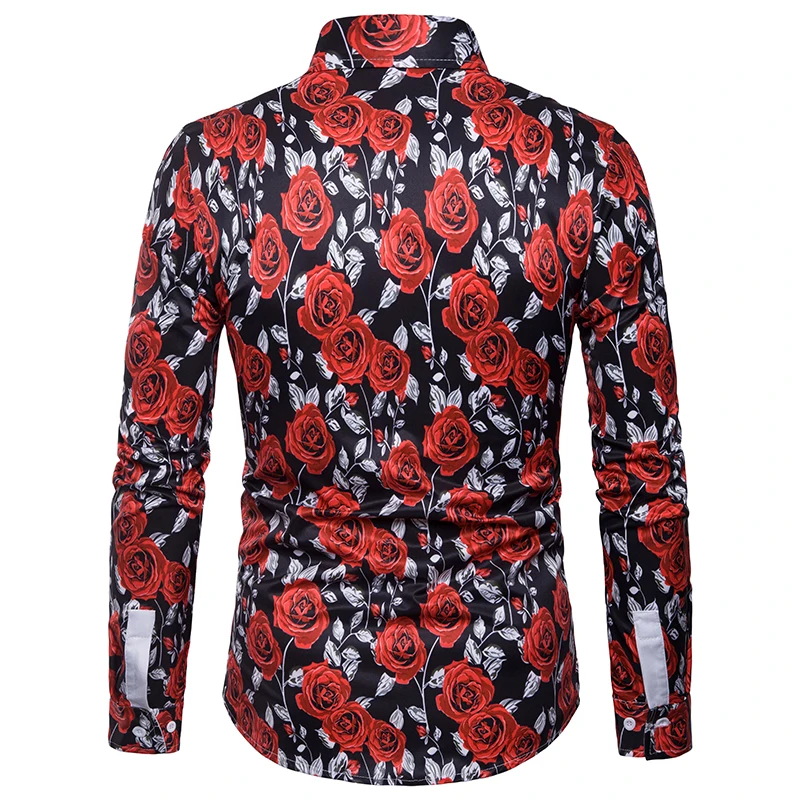 Men's Rose Flower Print Long Sleeve Dress Shirt Slim Fit Chemise Homme Casual Stylish Shirt Men Camisa 