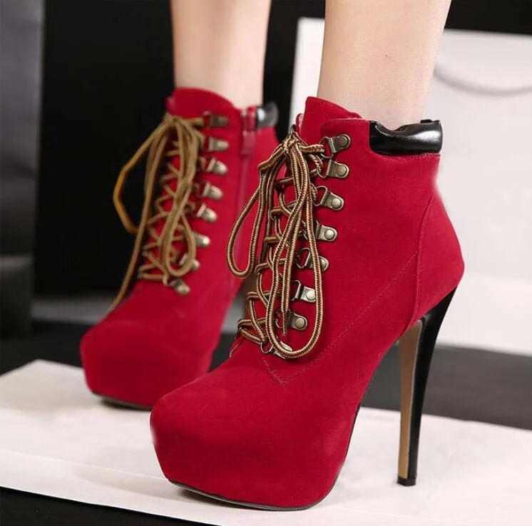 Европейские и американские модели сапог на высоком каблуке; женские рабочие ботинки с перекрестными ремешками; женские ботинки - Цвет: red