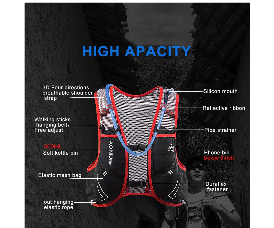 AONIJIE марафон жилет-рюкзак против обезвоживания 5L Спорт на открытом воздухе рюкзак Велоспорт походная сумка для воды