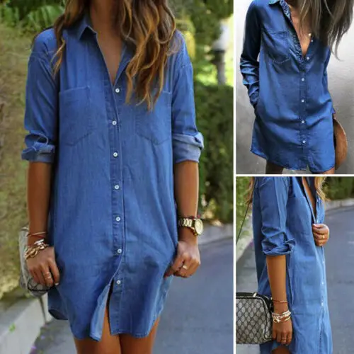 Модные женские туфли голубой джинс деним длинная Повседневная рубашка с длинным рукавом Повседневный уличная одежда свободного кроя Верхняя часть одежды