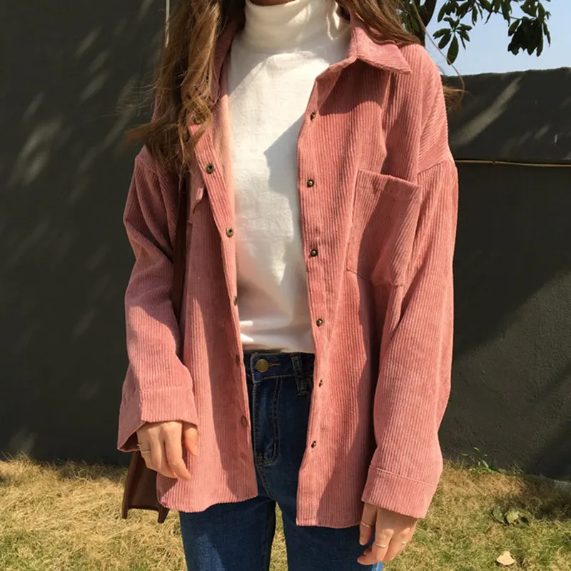 2019 Korean Long Sleeve Solid Jackets Outwear Spring Autumn Women Loose Jackets Casual Pocket Corduroy Jackets kz602