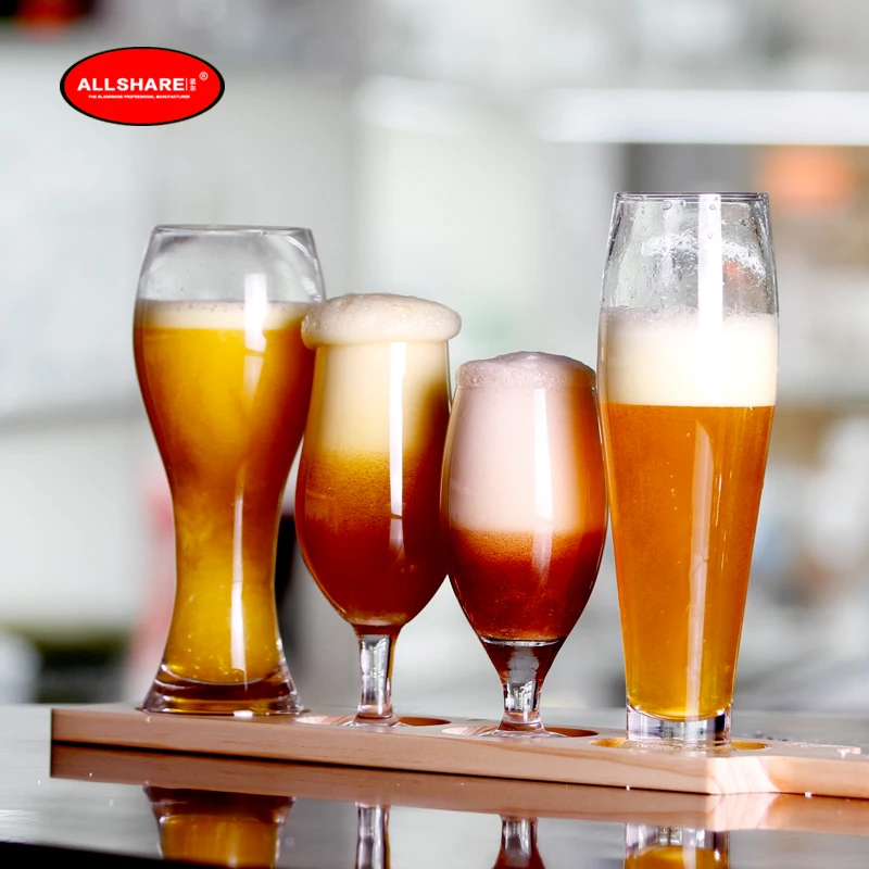 

High quality new fashion lead-free hand-blown beer mug beer goblet 4 piece set with wooden tray 603001
