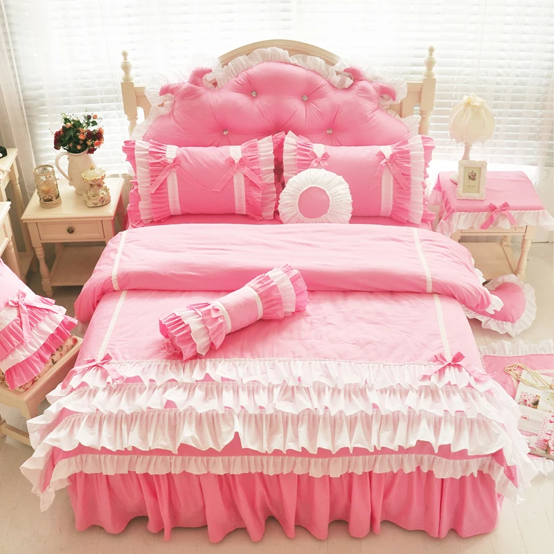 Pink yellow 100% cotton princess bedding set twin queen king size Adults children bed skirt bed ...