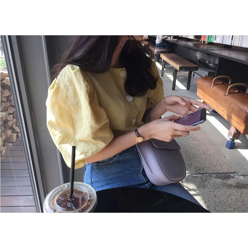 Summer 2019 New Vintage Puff Sleeve Casual Top Yellow O Neck Office Blouse Single Breasted Elegant Shirts |