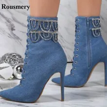 Женские Модные ботильоны с острым носком на шнуровке из джинсовой ткани со стразами элегантные женские джинсовые полусапожки высокого качества модельные туфли