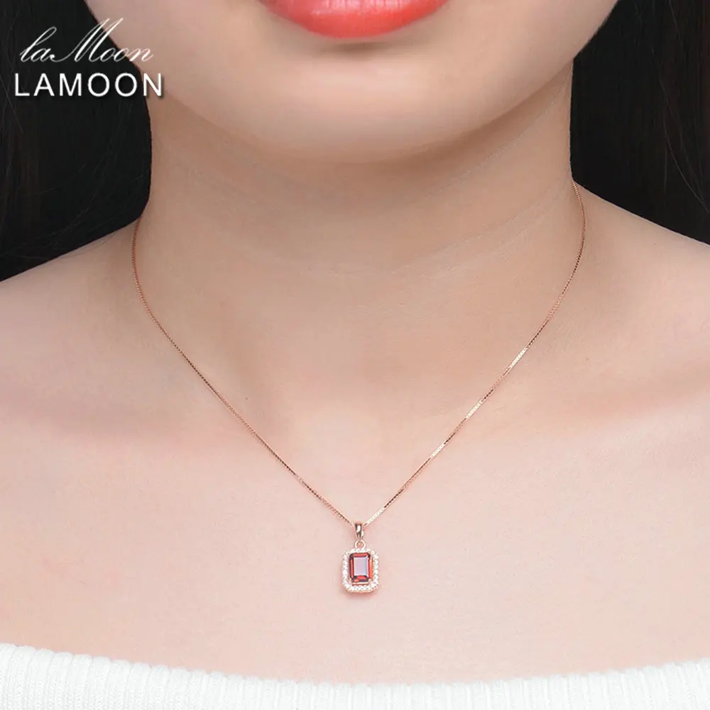 LAMOON 925 пробы Серебряное ожерелье прямоугольный красный гранат драгоценный