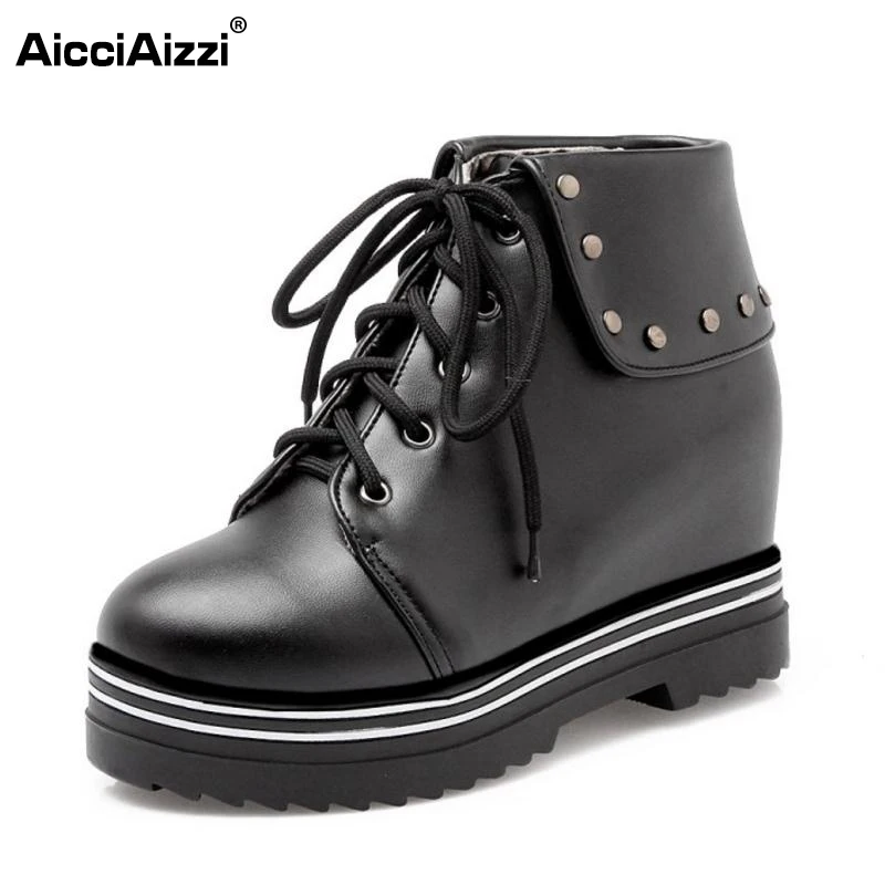 

Fashion Women Boot Ladies Cross Tie High Increasing Ankle Boots Woman Thickened Fur Winter Boots Platform Shoes Woman Size 34-43
