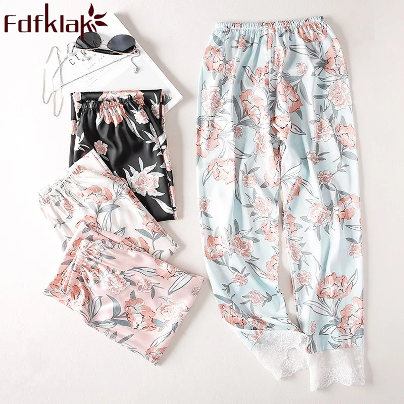 

Summer Silk Pijama Pants Women Sleep Bottoms Lounge Wear Pyjama Trousers Lace Night Pants For Women Sleeping Pajamas Fdfklak