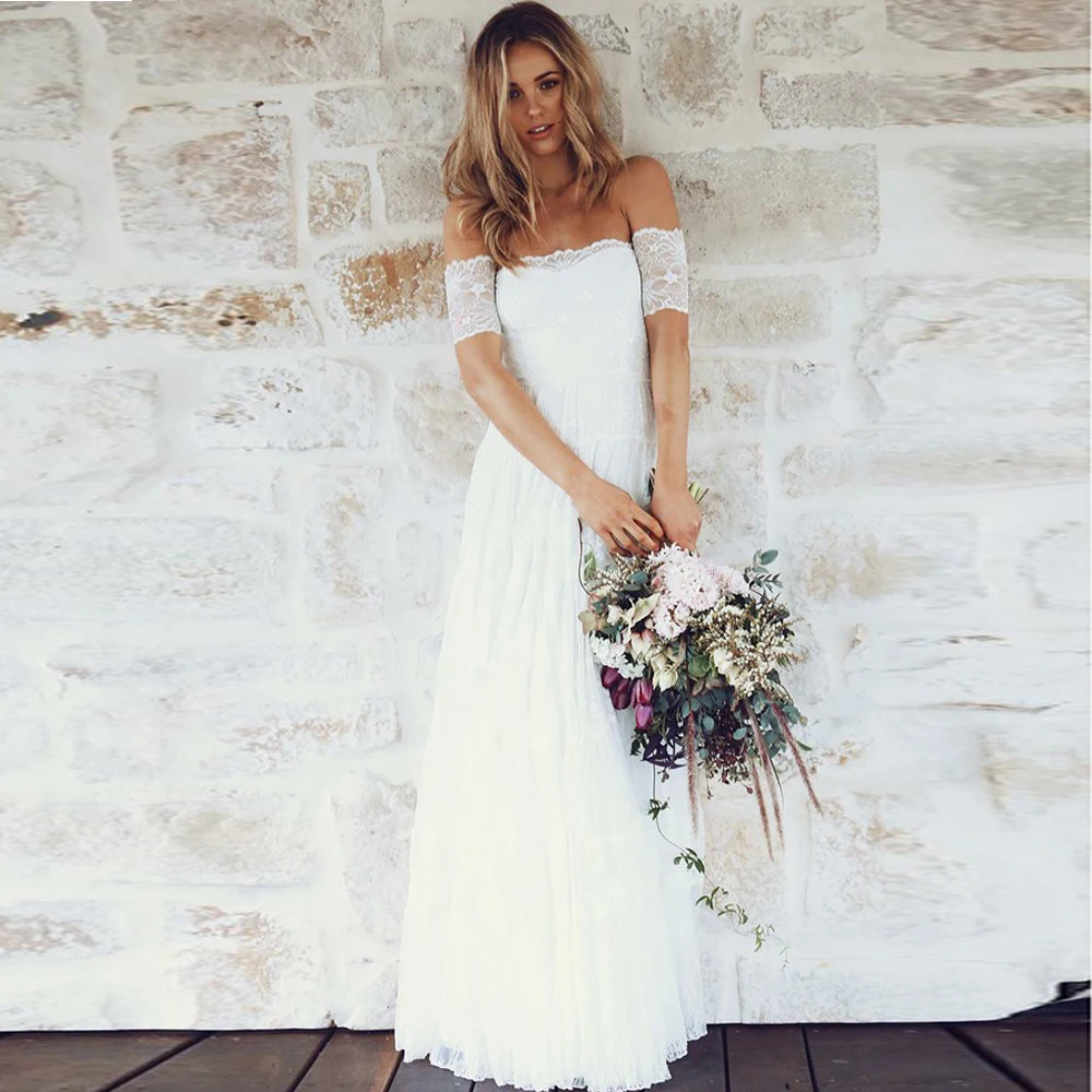 

A-Line Off-the-Shoulder Short Sleeves Lace Boho Wedding Dresses Strapless Floor Length Bridal Gowns Cheap Vestido De Noiva