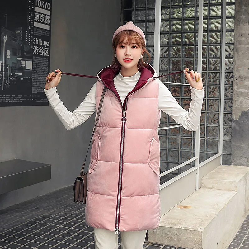 Зимний жилет женский толстый теплый бархатный куртка-жилет с капюшоном Повседневный зимний однотонный мягкий длинный жилет пальто для женщин - Цвет: Розовый