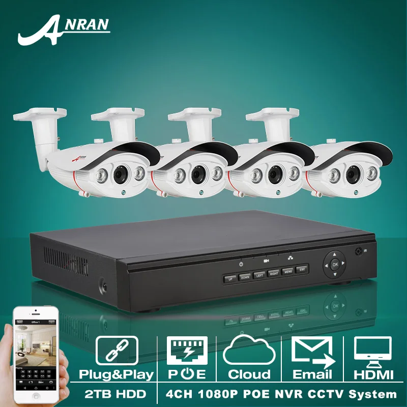

Plug And Play 4CH 2TB HDD NVR Onvif P2P1080P POE CCTV System HD H.264 2 Array IR  IP Camera Outdoor Security Surveillance Kit