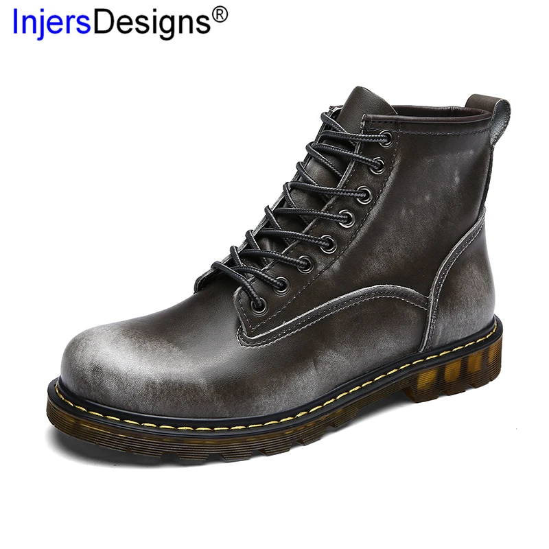 

Hot Sale Men Martin Boots Lace-Up Comfort&Warm Work Boots Vintage Brush Off Leather Winter Boots Ankle Botas Hombre Size 38-44
