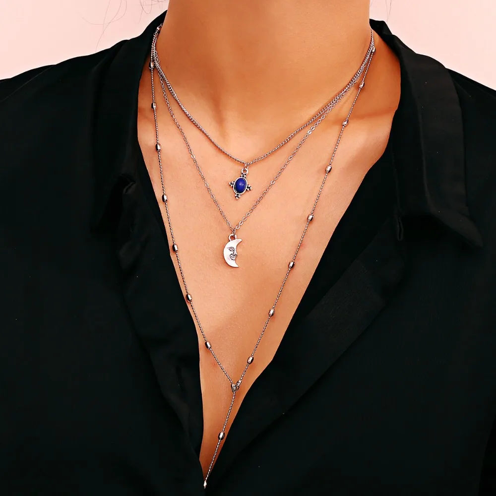 

Ingemark Boho Multilayers Choker Necklace Vintage Antique Silver Color Metal Face Moon Pendant Collar for Women Fashion Jewerly
