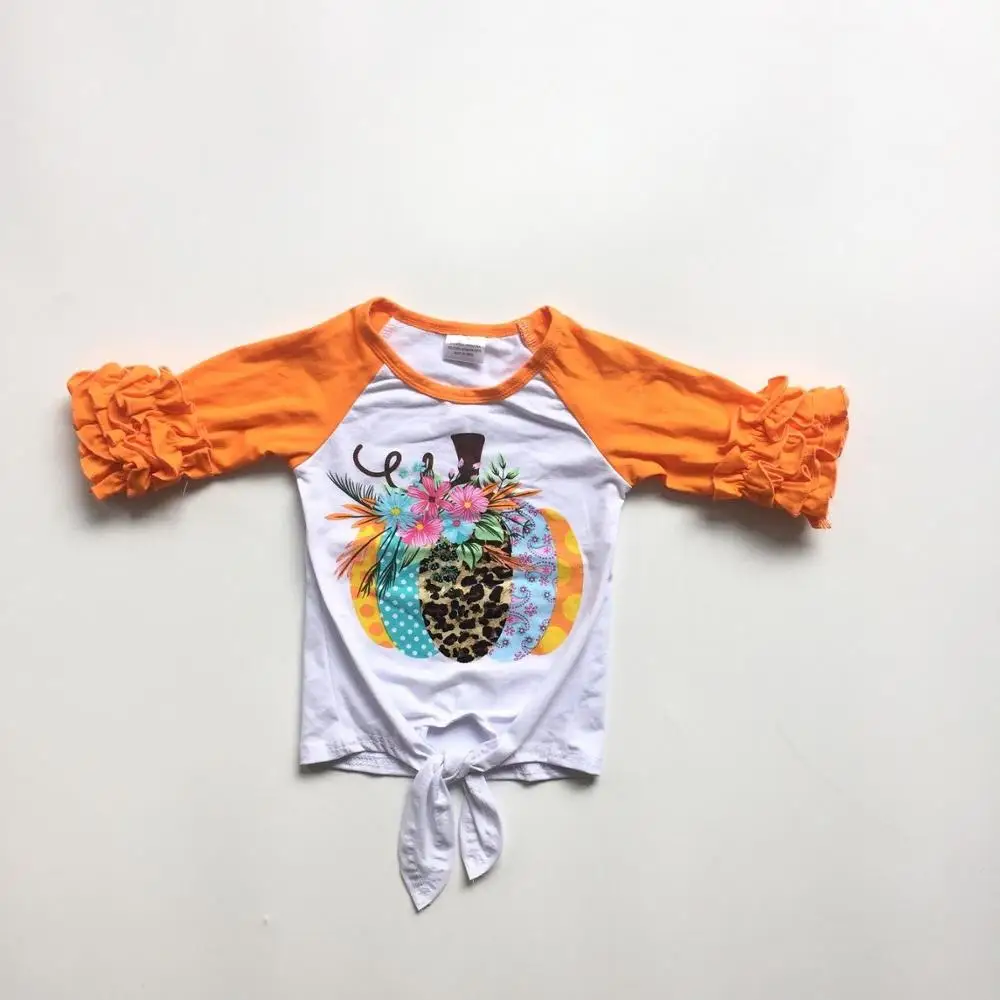 children girls Halloween raglans Girls multicolor pumpkin raglans with orange ruffled sleeve girls boutique cotton top