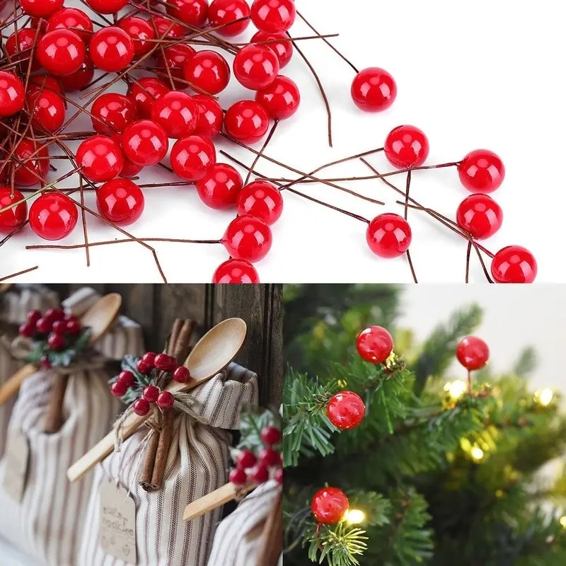 

100Pcs Artificial Red Holly Berry Christmas Decor on Wire Bundle Garland Wreath Fake Fruit Decor Wedding Party Decoration