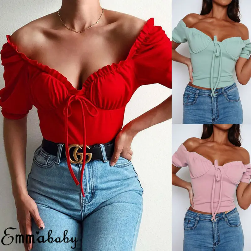 Newest Women lady solid crop tops Hot summer off shoulder bandage short sleeve shirt Strapless Casual Tank Top Club Camis