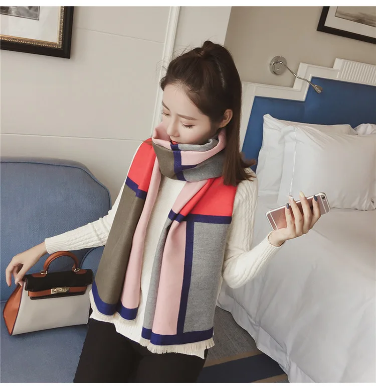 Chanycore Colorblock bow Fashion Winter scarf cashmere pashmina women scarfs Colorblock double-sided warm thick shawl for ladies