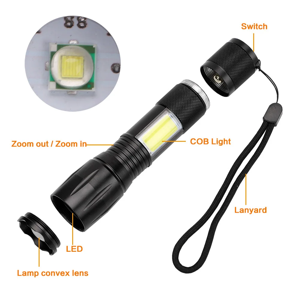 Zoomable CREE XM-L T6 COB светодиодный тактический фонарь COB фонарь, Рабочий фонарь, водонепроницаемый фонарь 18650, высокая яркость