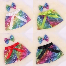 Новые(с двух сторон блестящие) шорты с блестками для маленьких девочек Детские блестящие шорты на день рождения с Сатиновыми бантами, Детская летняя одежда