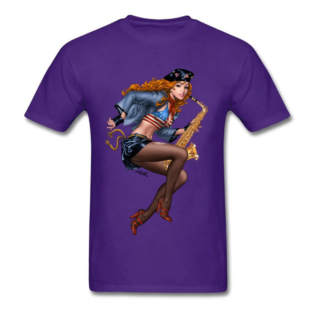 Cool Saxophone Playing Redhead Pinup Tops Shirt New Fashion Crew Neck Funny Short Sleeve 100% Cotton Student T Shirt Tee Shirts Cool Saxophone Playing Redhead Pinup purple